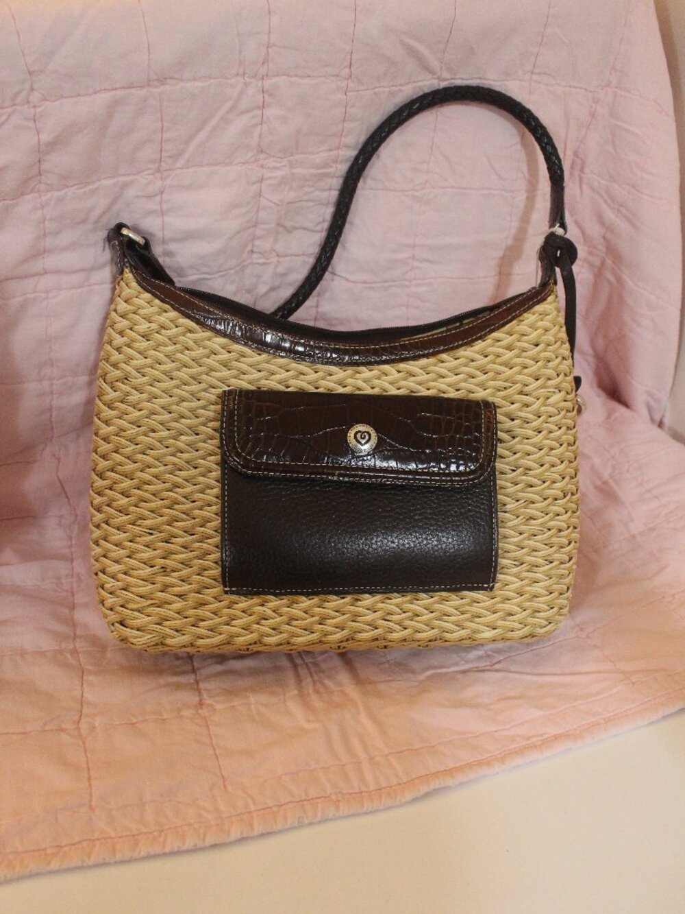 Brighton Tan Woven Straw Brown Trim Shoulder Bag 0241